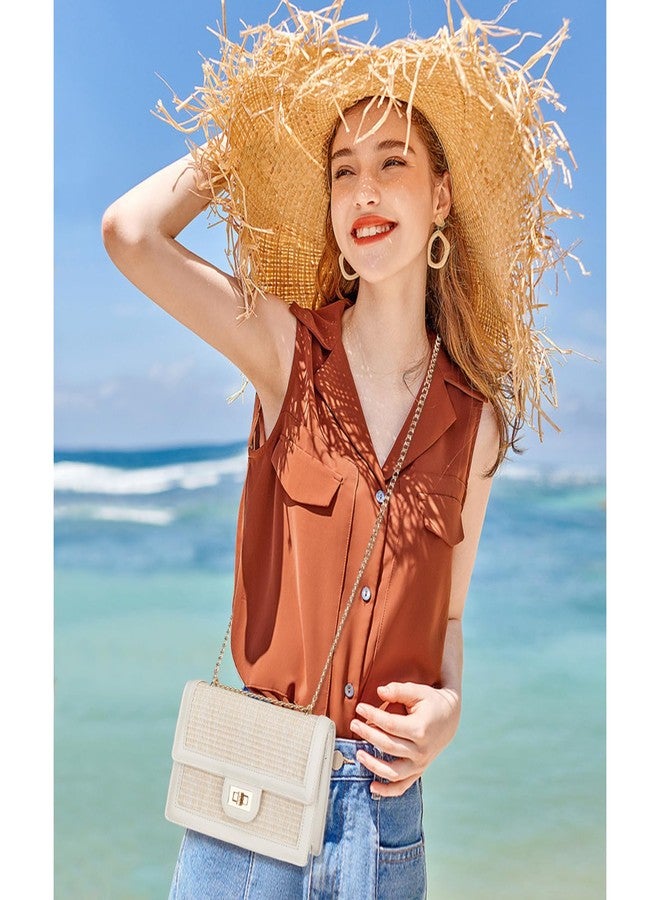 KKXIU Women Straw Crossbody Bag Summer Shoulder Bag Beach Handbag Vegan Leather Purse (Beige) - Image 2