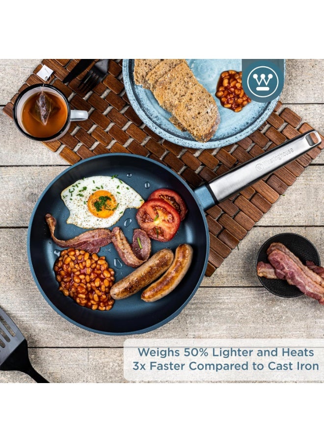 Westinghouse مقلاة أداء سلسلة ويستنجهاوس 28 سم غير لاصقة - مصنوعة من الألمنيوم المصبوب مع طلاء كوانتانيم آمن للاستخدام في الفرن ومناسب للحرارة مع مقبض من الفولاذ المقاوم للصدأ بلمسة باردة - أزرق - Image 2