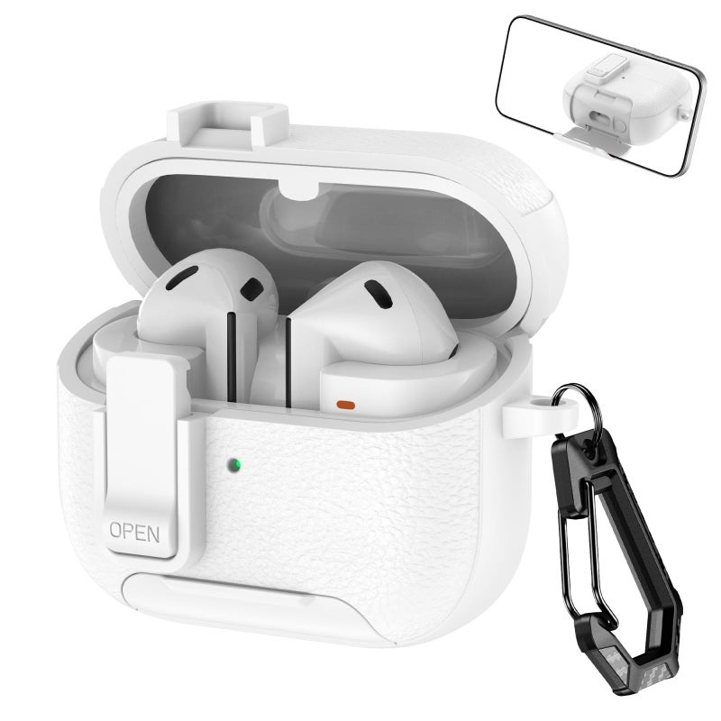 For Samsung Galaxy Buds3 / Buds3 Pro Leather Texture Wireless Earphones Case with Hook u0026 Holder(White) - Image 1