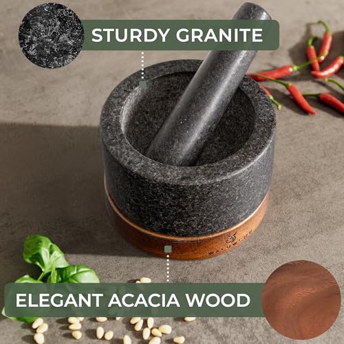 WALDWERK Mortar and Pestle - Mortar and Pestle Set with Anti-Scratch Acacia Wood Base - Mortar with Extra Large Pestle Out of Natural Granite - Large Mortar and Pestle - Perfect for Guacamole - Image 5