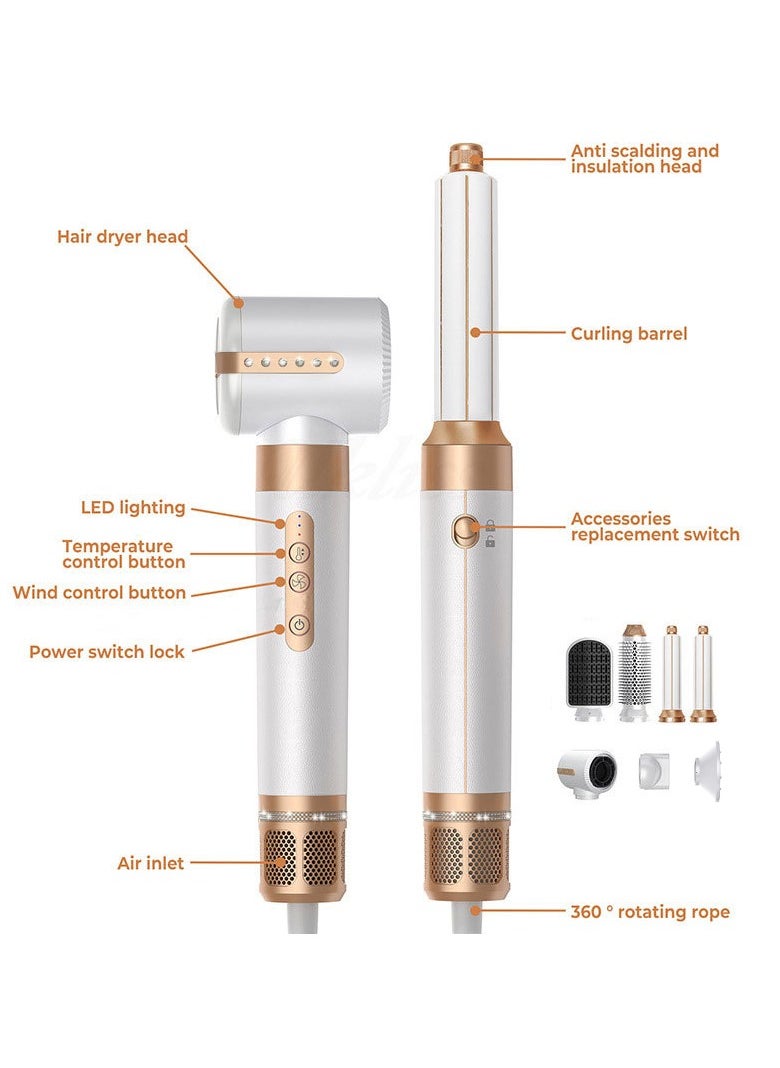 PANDA JOJO - 7 in 1 1400W Professional Hair Dryer Styling Set, Multifunctional Hot Air Brush Styler with Straightener Comb , Hot Air Brush, Curling Wands and Diffuser Nozzles, Negative Ionic Blow Dryer with 110000 RPM Powerful Motor, Automatic Curling Tools, White Gold - Image 1