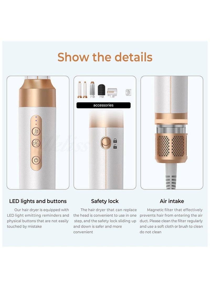 PANDA JOJO - 7 in 1 1400W Professional Hair Dryer Styling Set, Multifunctional Hot Air Brush Styler with Straightener Comb , Hot Air Brush, Curling Wands and Diffuser Nozzles, Negative Ionic Blow Dryer with 110000 RPM Powerful Motor, Automatic Curling Tools, White Gold - Image 1