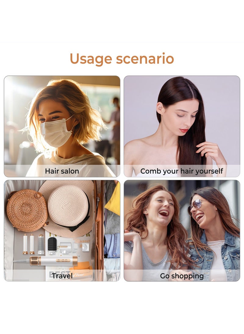 PANDA JOJO - 7 in 1 1400W Professional Hair Dryer Styling Set, Multifunctional Hot Air Brush Styler with Straightener Comb , Hot Air Brush, Curling Wands and Diffuser Nozzles, Negative Ionic Blow Dryer with 110000 RPM Powerful Motor, Automatic Curling Tools, White Gold - Image 1