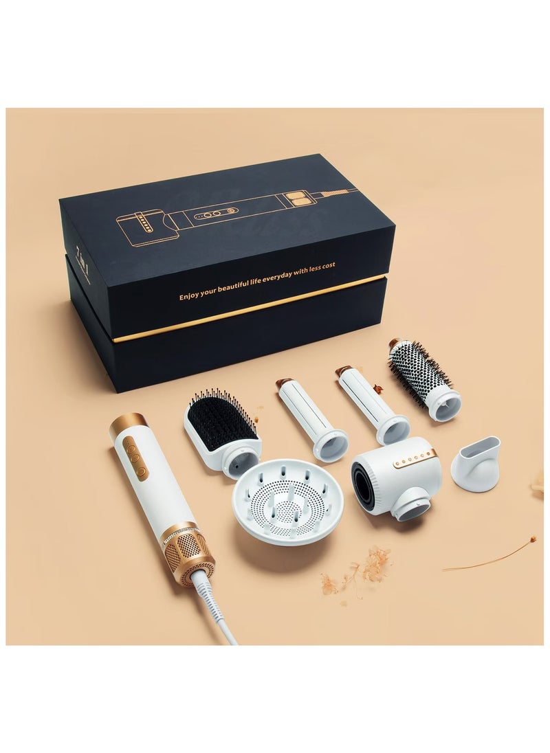 PANDA JOJO - 7 in 1 1400W Professional Hair Dryer Styling Set, Multifunctional Hot Air Brush Styler with Straightener Comb , Hot Air Brush, Curling Wands and Diffuser Nozzles, Negative Ionic Blow Dryer with 110000 RPM Powerful Motor, Automatic Curling Tools, White Gold - Image 1