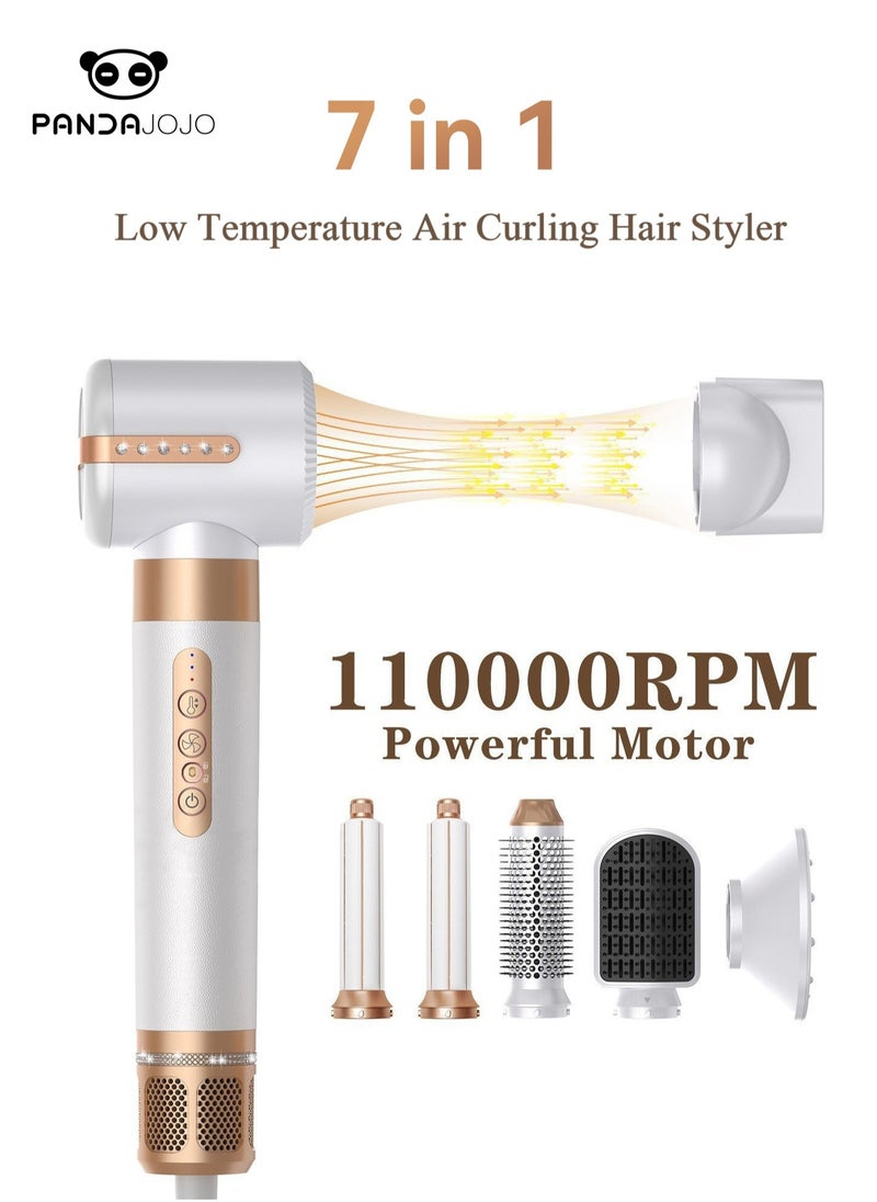 PANDA JOJO - 7 in 1 1400W Professional Hair Dryer Styling Set, Multifunctional Hot Air Brush Styler with Straightener Comb , Hot Air Brush, Curling Wands and Diffuser Nozzles, Negative Ionic Blow Dryer with 110000 RPM Powerful Motor, Automatic Curling Tools, White Gold - Image 1