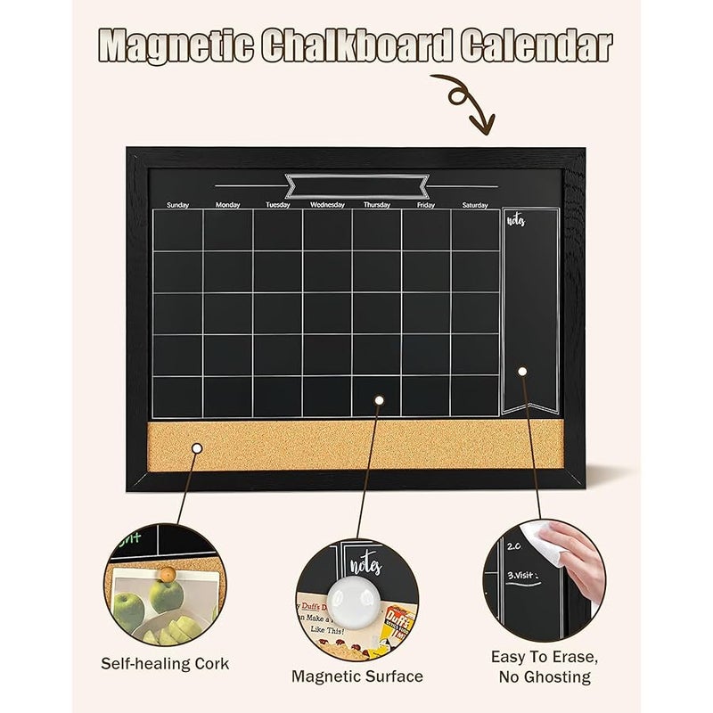 TORASO Magnetic Chalkboard Calendar Corkboard, Small Combination Chalk Board Bulletin Board, 13 x 17,Black Wood Framed Blackboard Calendar Cork Combo Board(ZHHB-BK-3343) - Image 3