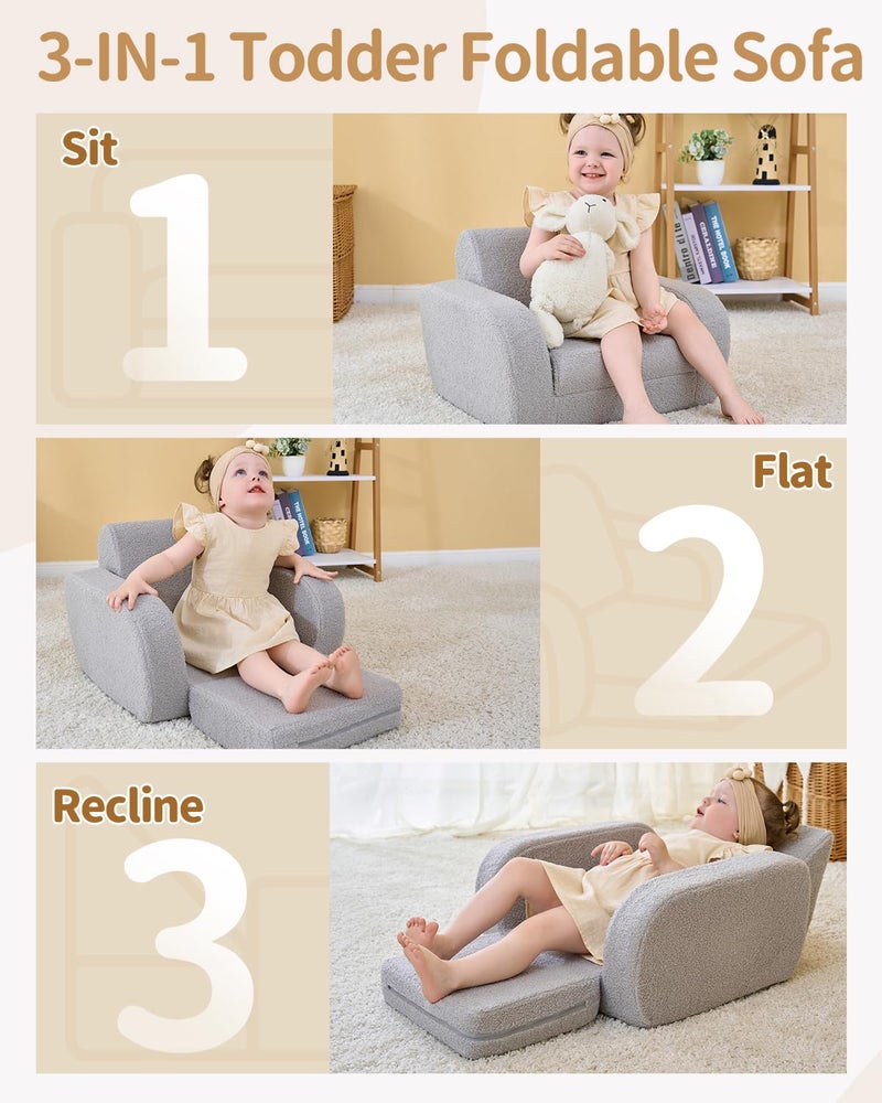 KidBloom 3-in-1 Toddler Couch, Toddler Chairs Comfy 1-3 Years Old, Kids Couch Bed Fold Out, Gifts for 1 2 Year Old Girls Boys - Image 2