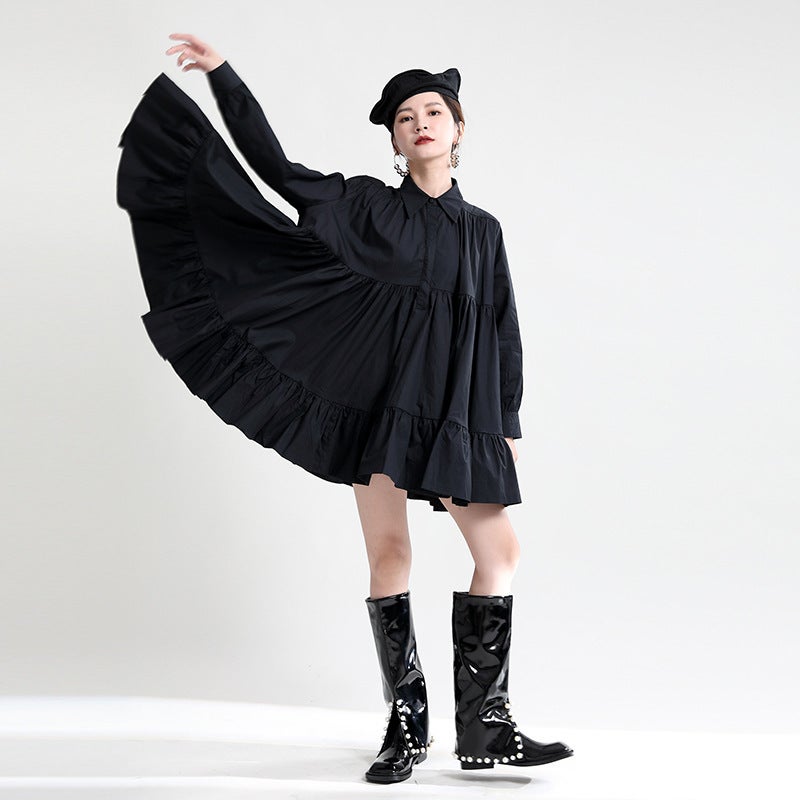 Autumn womens clothing 2023 new large swing A- line shirt skirt high waist slimming design doll dress Black - Image 1