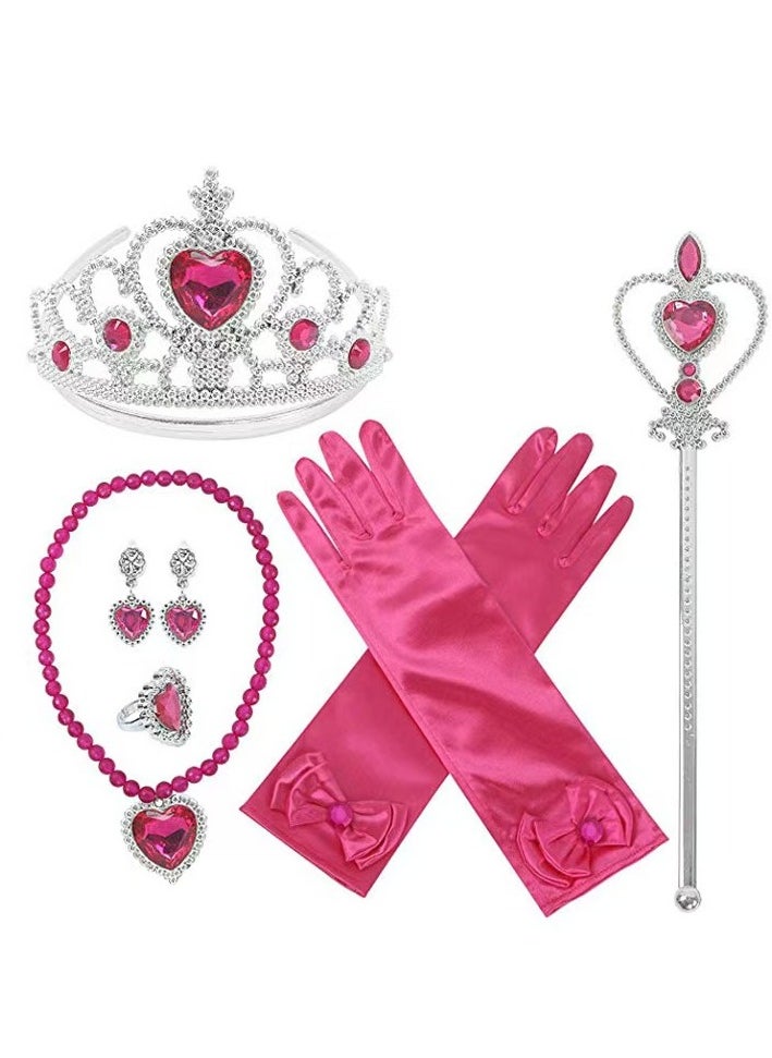 DELGREEN 5-piece Frozen Princess Anna birthday party crown magic wand gloves earrings necklace set rose red.  - Image 1