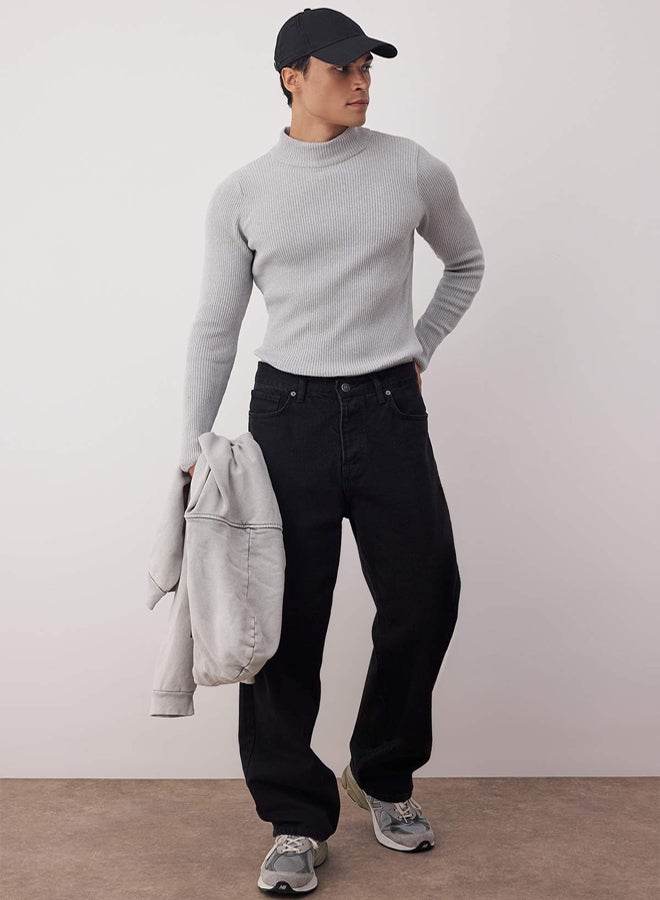 trendyol Gray Fitted Cotton Half Turtleneck Plain Knitwear Sweater - Image 2