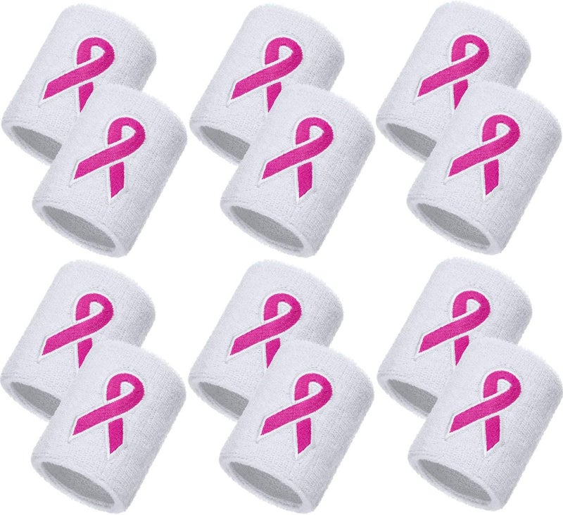 Bememo 12 Pack Breast Cancer Awareness Wristbands Bulk Pink Ribbon Sweatbands for Men and Women, Basketball Baseball Running and Supporting Breast Cancer Awareness Month - Image 1