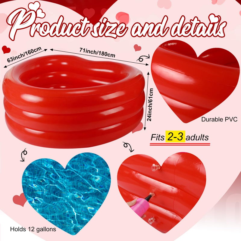 Silipull Valentines Giant Red Heart Shaped Inflatable Swimming Pool 71" x 63" x 24" Large Heart Blow up Pool Fits 2-3 Adults for Valentines Wedding Bachelorette Bride Summer Beach Party - Image 2