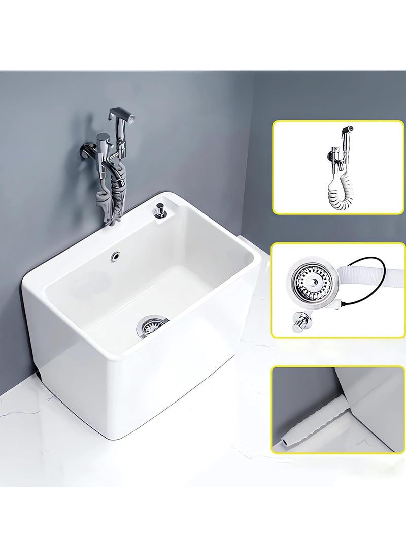 AUTOYSUR - Mop Sink, Ceramic Mop Service Basin with Removable Shelf,Drain Botton and Faucet, Floor Utility Sink Tub Kit for Bathroom,Balcony,Laundry Room (R12) - Image 1