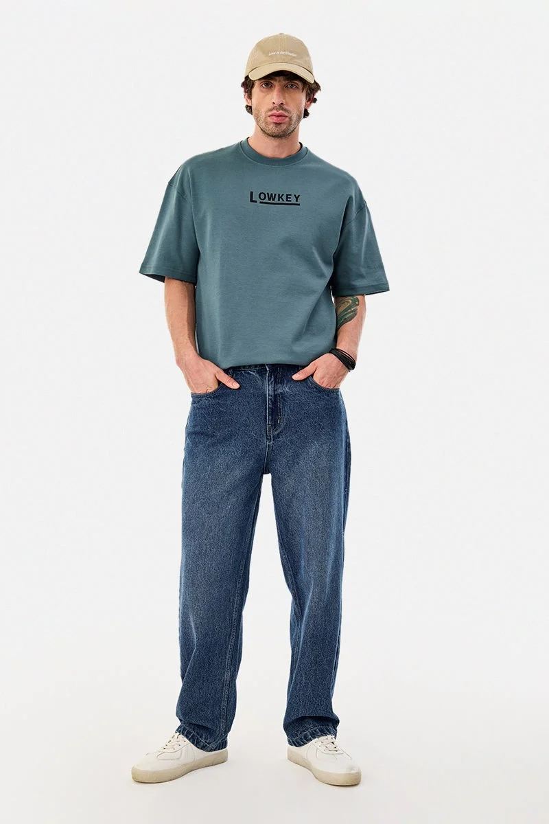 سنيتش Teal Graphic Half Sleeve Oversized Streetwear T-Shirt