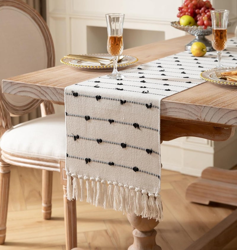 GLOY ® Luxurious 100% Natural Pure Cotton Material Handmade Heat Resistant and Washable 6 Seater Table Runner with Tassels (Size-14"x72") for Dining Table Runner| Centre Table (Black & White) - Image 2