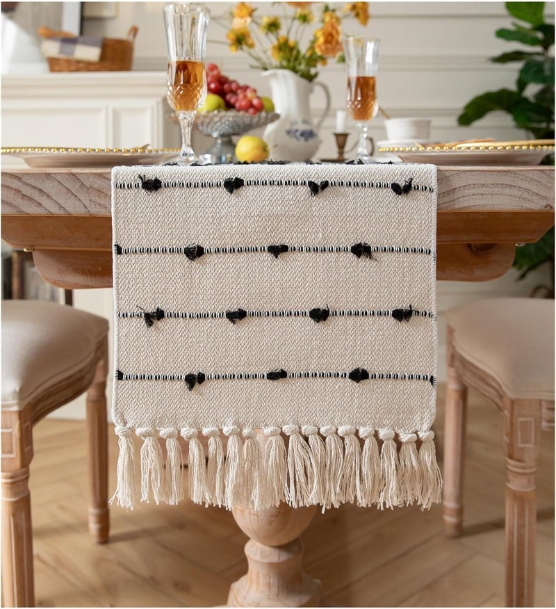 GLOY ® Luxurious 100% Natural Pure Cotton Material Handmade Heat Resistant and Washable 6 Seater Table Runner with Tassels (Size-14"x72") for Dining Table Runner| Centre Table (Black & White) - Image 1