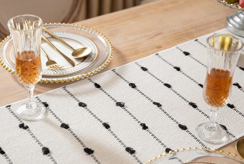 GLOY ® Luxurious 100% Natural Pure Cotton Material Handmade Heat Resistant and Washable 6 Seater Table Runner with Tassels (Size-14"x72") for Dining Table Runner| Centre Table (Black & White) - Image 5
