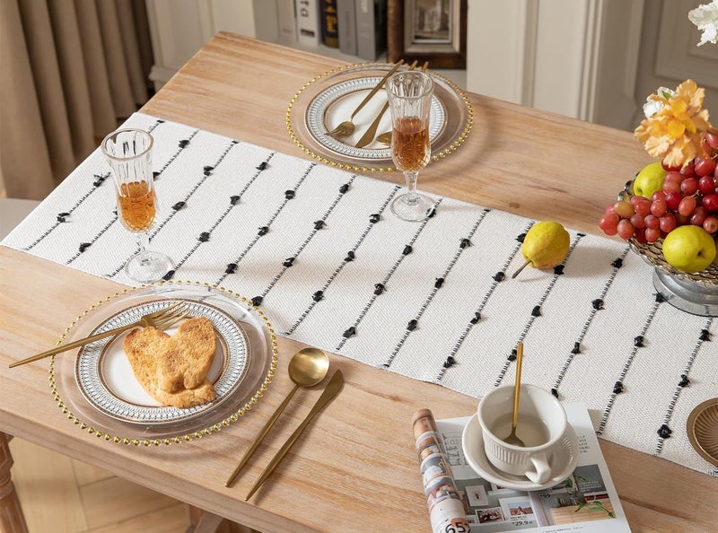GLOY ® Luxurious 100% Natural Pure Cotton Material Handmade Heat Resistant and Washable 6 Seater Table Runner with Tassels (Size-14"x72") for Dining Table Runner| Centre Table (Black & White) - Image 3