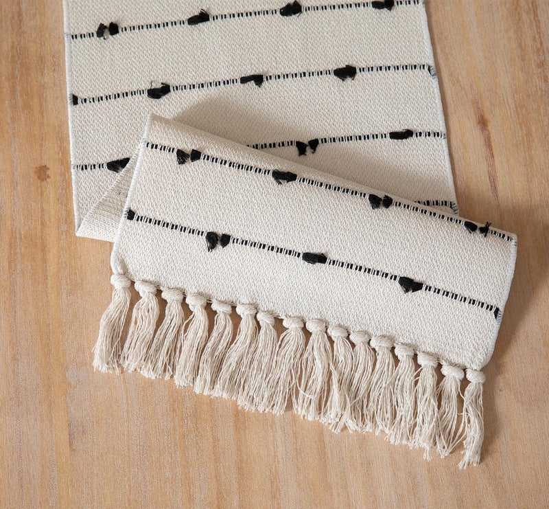 GLOY ® Luxurious 100% Natural Pure Cotton Material Handmade Heat Resistant and Washable 6 Seater Table Runner with Tassels (Size-14"x72") for Dining Table Runner| Centre Table (Black & White) - Image 4