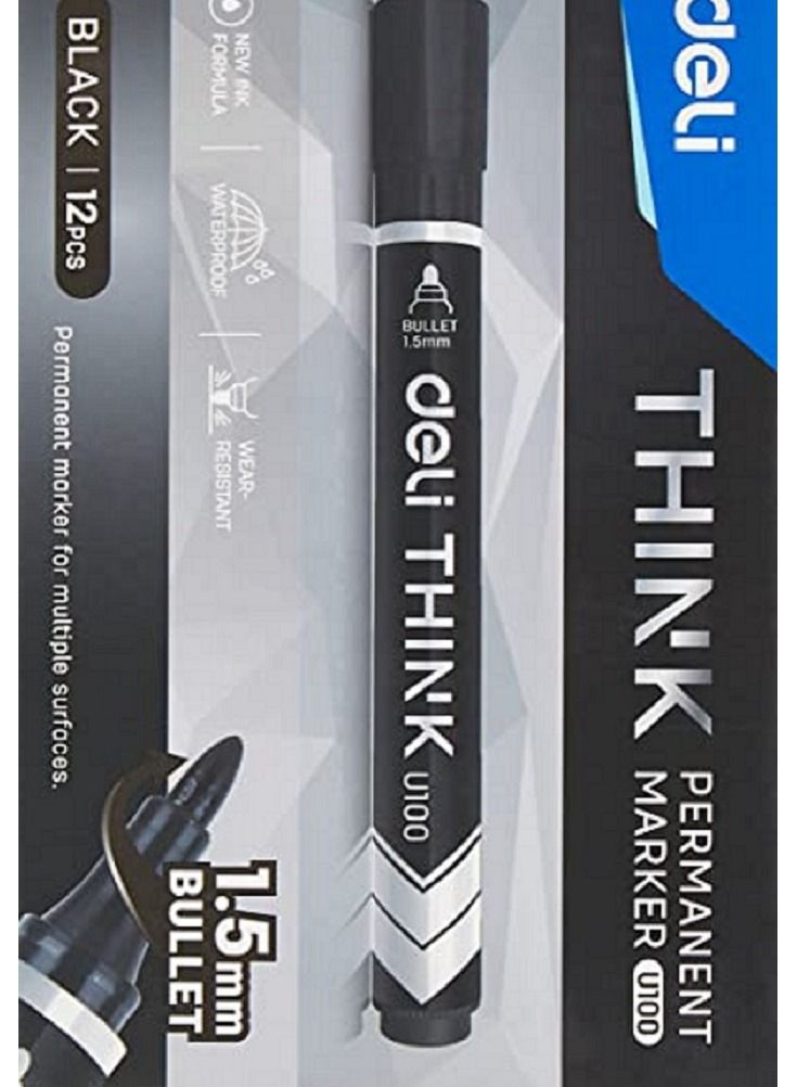 Deli 12-Piece Think Permanent Marker Bullet Black 1.5mm Low Odour Ink - Image 4
