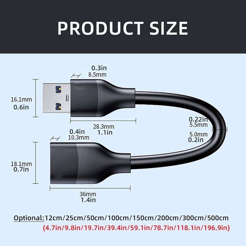 كابل نقل بيانات USB 2.0 عالي السرعة، سلك شحن طاقة، أطوال متعددة من 12 سم إلى 500 سم، مناسب للطابعة، لوحة المفاتيح، كابل تمديد USB - Image 4