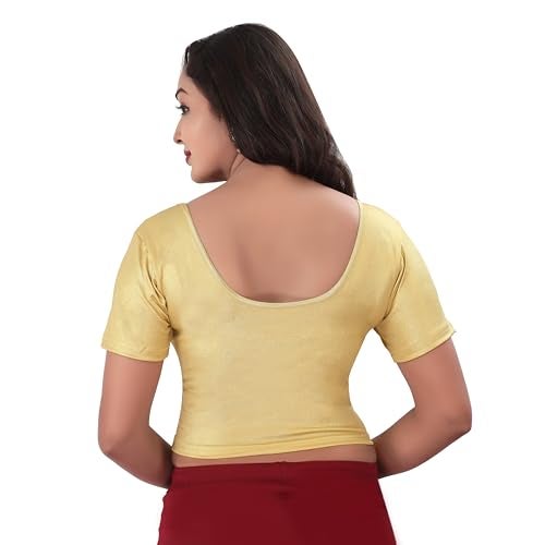 DESI GIRL - Stretchy Blouse for Women | Round Neck Regular Fit | Half Sleeve Readymade Shimmer Plain Design Festive Blouse Perfect for Saree, Lehenga, Kurti | Brass Gold - 44 - Image 3