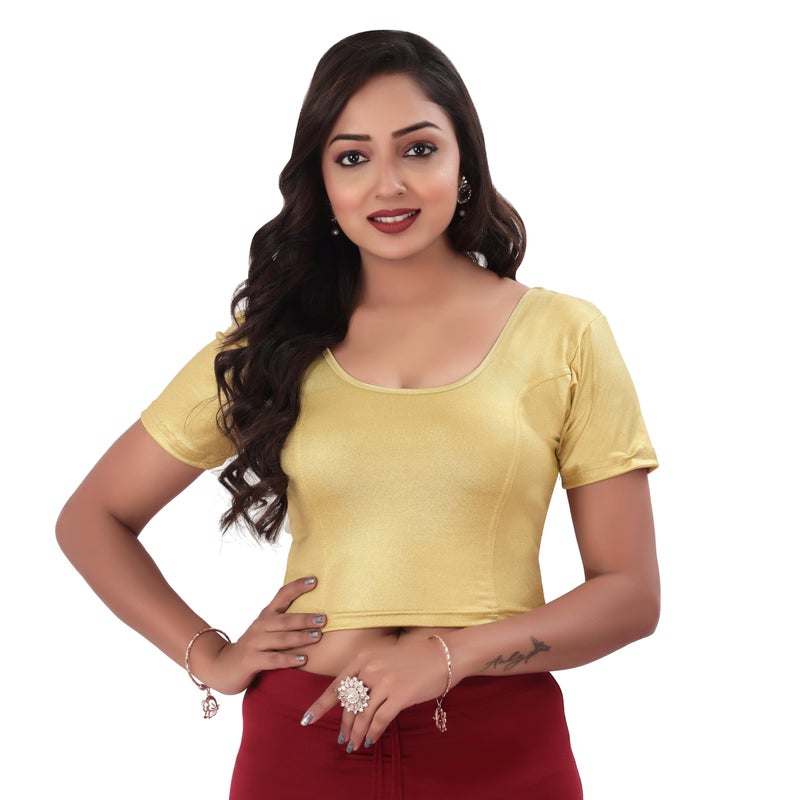 DESI GIRL - Stretchy Blouse for Women | Round Neck Regular Fit | Half Sleeve Readymade Shimmer Plain Design Festive Blouse Perfect for Saree, Lehenga, Kurti | Brass Gold - 44 - Image 4