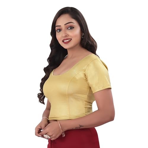 DESI GIRL - Stretchy Blouse for Women | Round Neck Regular Fit | Half Sleeve Readymade Shimmer Plain Design Festive Blouse Perfect for Saree, Lehenga, Kurti | Brass Gold - 44 - Image 2