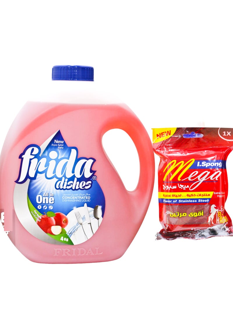 Frida Frida Dish Washing Red Apple 4kg + Sponge Multi color  - Image 2