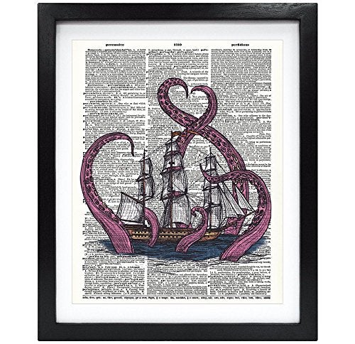Susie Arts 8X10 Unframed Kraken Giant Squid Attack on Boat Upcycled Vintage Dictionary Art Print Book Art Print Home Decor Funny Prints Wall Art V143 - Image 3