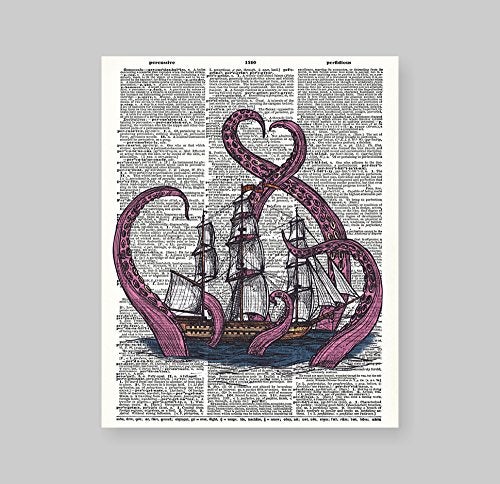 Susie Arts 8X10 Unframed Kraken Giant Squid Attack on Boat Upcycled Vintage Dictionary Art Print Book Art Print Home Decor Funny Prints Wall Art V143 - Image 2