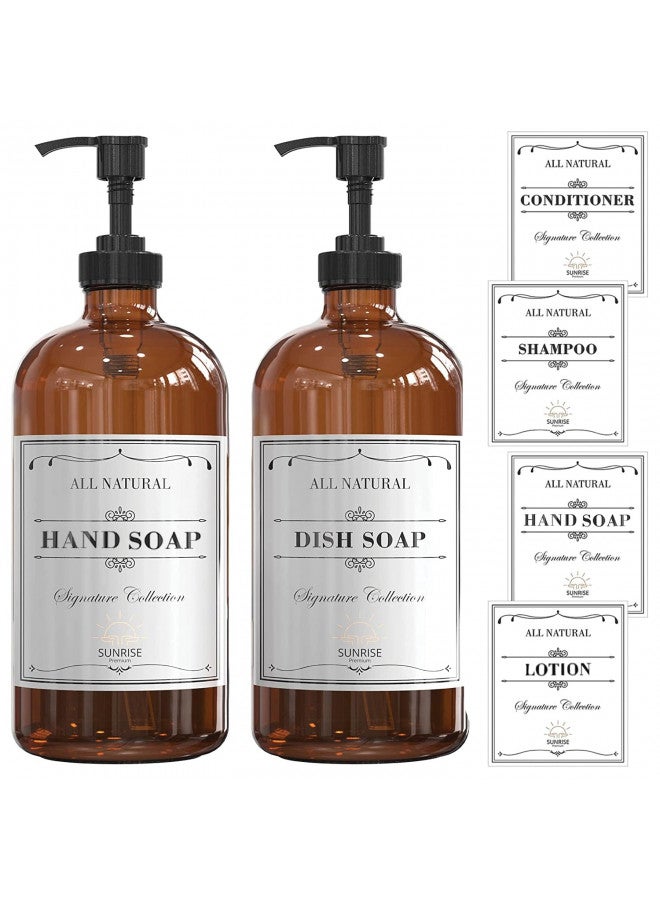 Sunrise Premium 16 OZ Thick Clear Glass Soap Dispenser with Plastic Pump 2 Pack, Hand and Dish Soap Dispenser Set for Bathroom and Kitchen with 6 Waterproof Labels - Image 1