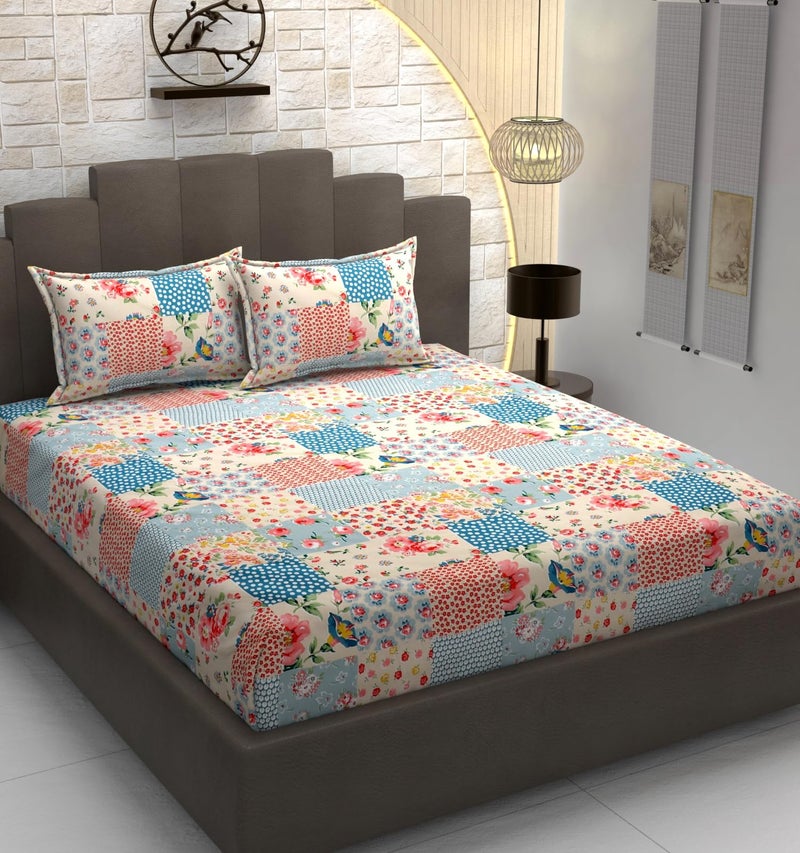 DECOREZA 320 TC Cotton Feel Elastic Fitted King Size Bedsheet 72x78 +10 Inch with 2 Pillow Covers | Glace Cotton | Wrinkle-Free | Bedsheet for Double Bed - (Patchwork Pastel, King Size 72" x 78") - Image 1