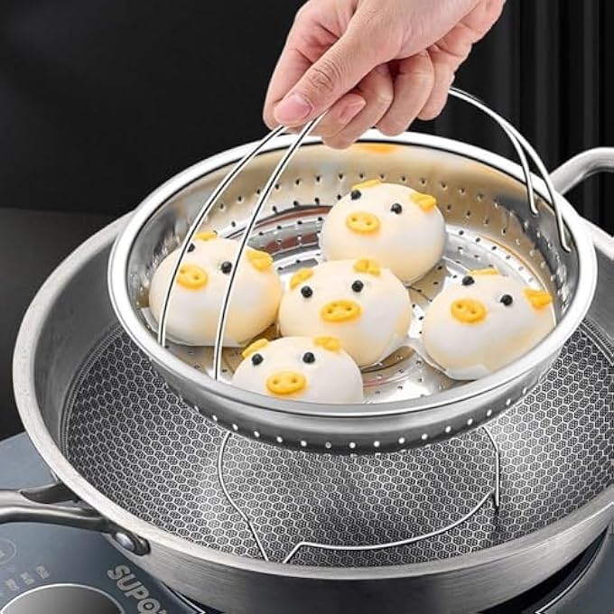 إكسفور سلة بخار من الفولاذ المقاوم للصدأ للطهي بالبخار، وعاء طهي الأرز، رف طهي بالبخار متين محمول للخضراوات، سلة طهي قابلة للطي متعددة الاستخدامات من أجل طهي صحي بالبخار - Image 3