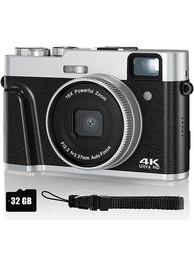 لينند - كاميرا رقمية 4K للتصوير الفوتوغرافي، كاميرا ضبط تلقائي للصورة 4K مع عدسة الكاميرا 16X كاميرا فيديو مضادة للاهتزاز كاميرا تسجيل فيديو للكاميرات المدمجة مع بطاقة SD سعة 32 جيجابايت - Image 1