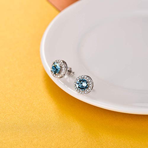 AOBOCO Sterling Silver Halo Earrings Stud Earrings for Women, Simulated Aquamarine Birthstone Crystals from Austria, Blue Wedding Gifts Earrings for Bride Anniversary Birthday Jewelry for Wife - Image 4