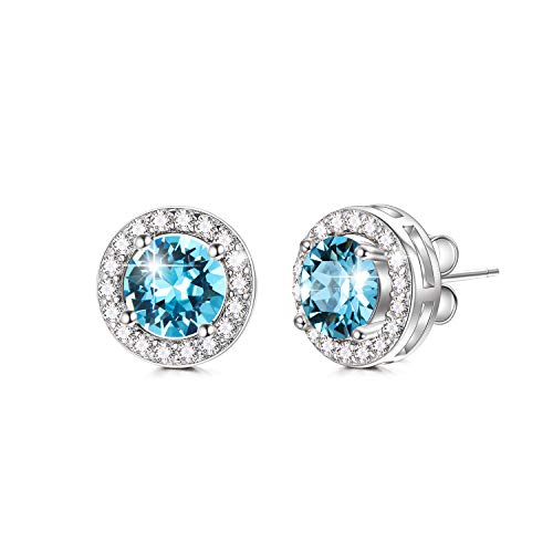 AOBOCO Sterling Silver Halo Earrings Stud Earrings for Women, Simulated Aquamarine Birthstone Crystals from Austria, Blue Wedding Gifts Earrings for Bride Anniversary Birthday Jewelry for Wife - Image 1