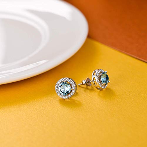 AOBOCO Sterling Silver Halo Earrings Stud Earrings for Women, Simulated Aquamarine Birthstone Crystals from Austria, Blue Wedding Gifts Earrings for Bride Anniversary Birthday Jewelry for Wife - Image 3
