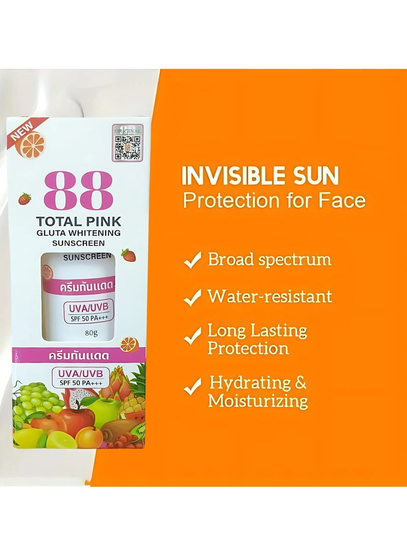 88 Total White 88 Total Pink Gluta Whitening Sunscreen SPF50 PA+++ – 80g | Advanced UV Protection & Skin Brightening with Glutathione | Lightweight, Non-Greasy Daily Sunscreen - Image 3