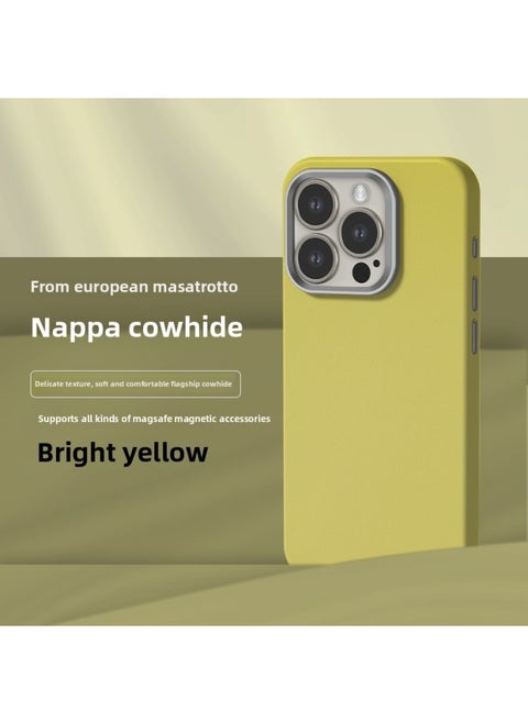 All-inclusive Fine Leather Case MagSafe Magnetic Application IPhone14pro Max Apple 15 Phone Case 13 Solid Color-Color:XYM Fine Leather Bright Yellow-Applicable Model:15Pro (without Packaging)