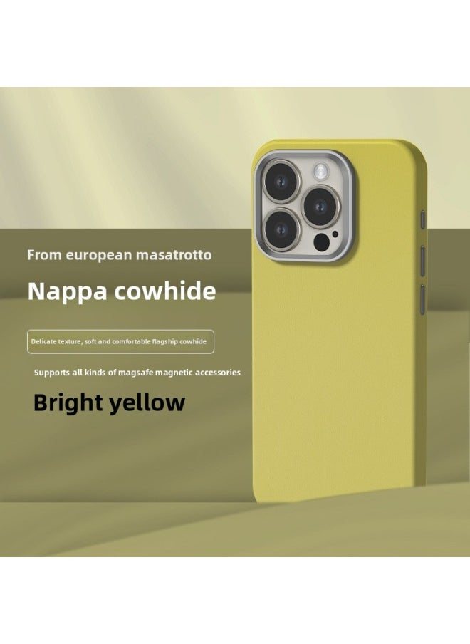 Generic - All-inclusive Fine Leather Case MagSafe Magnetic Application IPhone14pro Max Apple 15 Phone Case 13 Solid Color-Color:XYM Fine Leather Bright Yellow-Applicable Model:15Pro (without Packaging) - Image 1