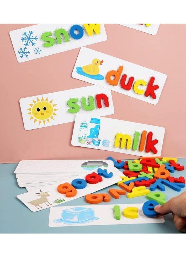 Zikra Alphabets Flash Cards, Wooden See and Spell Match Letter Puzzles CVC Word Builders Word Flash Cards Color Recognition Games Montessori Preschool Educational Toys for Kids 3+ Old (28 Cards,52 Block) - Image 2