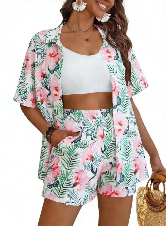 VILOVE Beach Sets for Women 2 Piece Outfits Matching Hawaiian Shirt and Shorts Set Tropical Floral Print Summer Beachwear, Pink Green Flower, L - Image 1