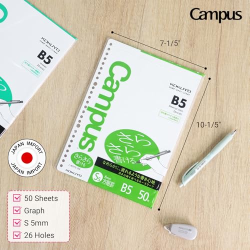 Kokuyo Campus Loose Leaf Paper, B5 Filler Paper with 5x5 Graph, 50 Sheets 75 GSM Sarasara Smooth Writing, 26 Holes, 10-1/4"x7-1/4” Binder Notebook Bleed Resistant Paper. Japan Import (NO-837S-5N) - Image 2