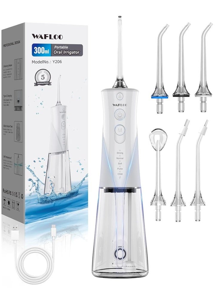 WAFLOO Cordless Water Flosser Dental Teeth Cleaner with 6 Flossing Tips, 5 Modes 300ML Larger Tank IPX7 Waterproof Portable Rechargeable Water Flosser Dental Oral Irrigator for Home and Travel, White - Image 1