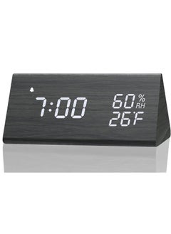 Digital Alarm Clock, with Wooden Electronic LED Time Display, 3 Alarm Settings, Humidity & Temperature Detect, Wood Made Electric Clocks for Bedroom, Bedside, Black