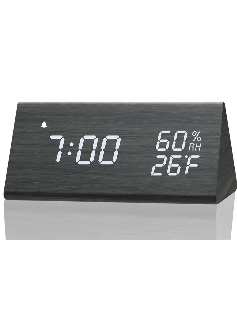 Jall - Digital Alarm Clock, with Wooden Electronic LED Time Display, 3 Alarm Settings, Humidity & Temperature Detect, Wood Made Electric Clocks for Bedroom, Bedside, Black - Image 1