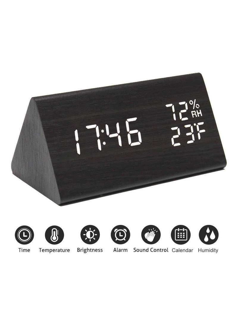 Jall - Digital Alarm Clock, with Wooden Electronic LED Time Display, 3 Alarm Settings, Humidity & Temperature Detect, Wood Made Electric Clocks for Bedroom, Bedside, Black - Image 1