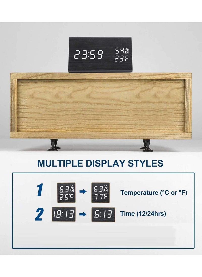 Jall - Digital Alarm Clock, with Wooden Electronic LED Time Display, 3 Alarm Settings, Humidity & Temperature Detect, Wood Made Electric Clocks for Bedroom, Bedside, Black - Image 1