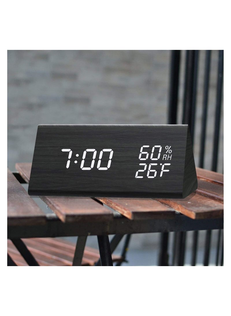 Jall - Digital Alarm Clock, with Wooden Electronic LED Time Display, 3 Alarm Settings, Humidity & Temperature Detect, Wood Made Electric Clocks for Bedroom, Bedside, Black - Image 1